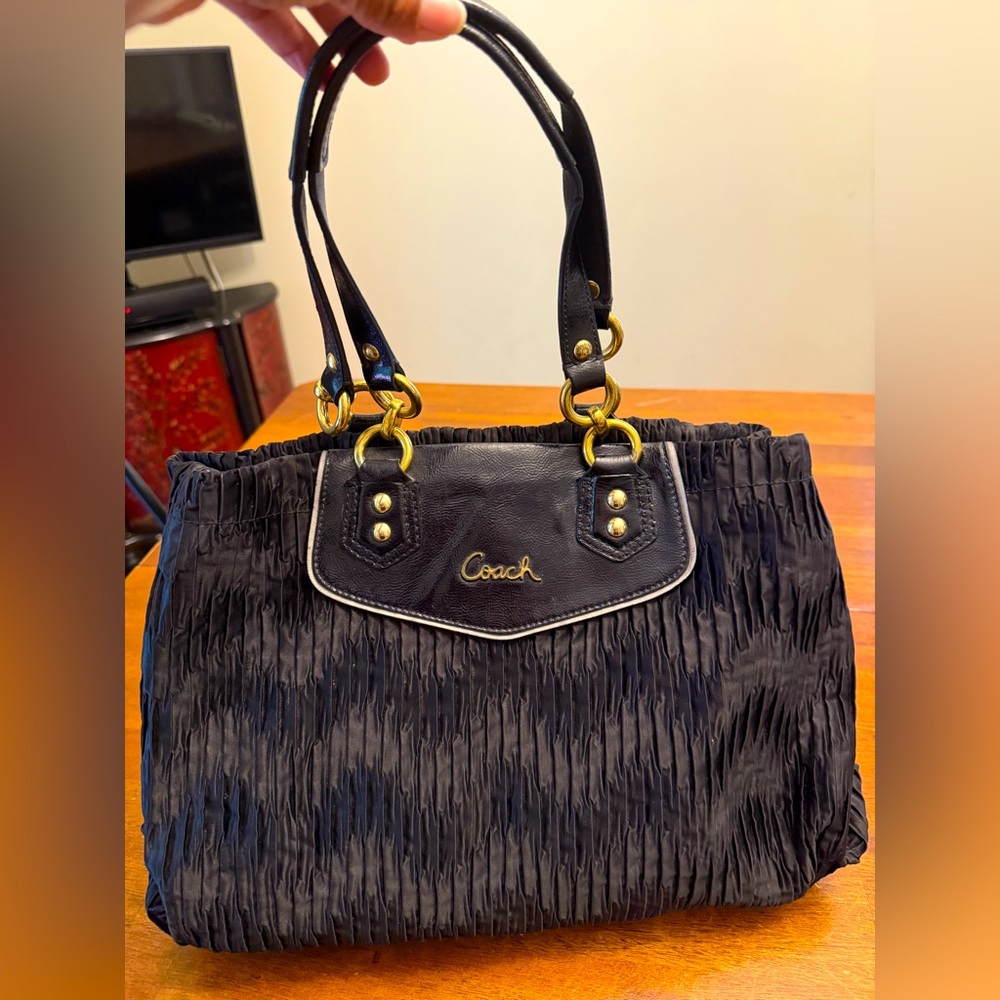 Coach Ashley Gathered Satin Satchel Black Purse